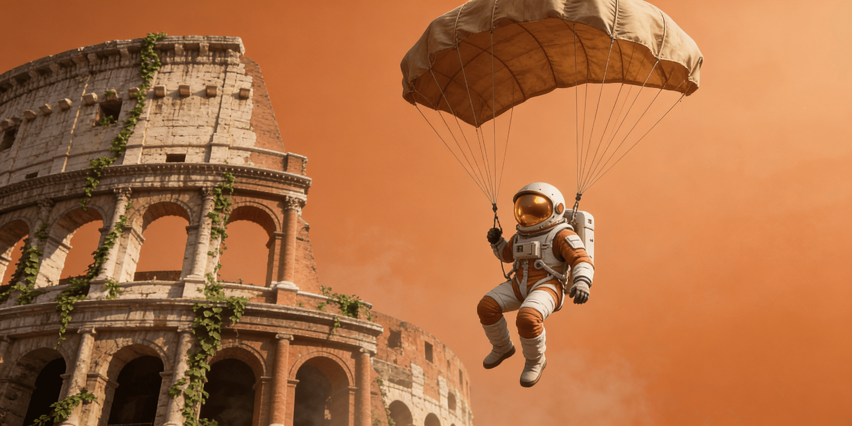 Astronaut mit Fallschirm am Colosseum – mutig neue Wege gehen